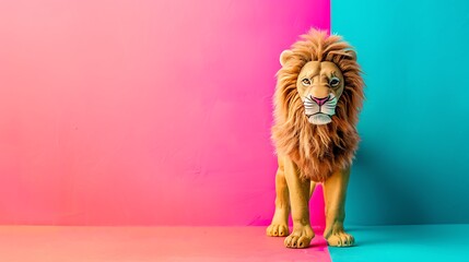 Toy lion on cyan and magenta background