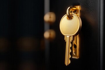A close-up of a golden key inserted into a sleek black lock, symbolizing security and access.