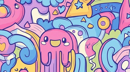 Cute Kawaii Style Doodle Design for Kids with Bold Lines and Soft Pastel Colors