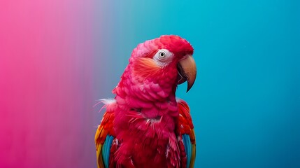 Obraz premium Toy parrot on cyan and magenta background