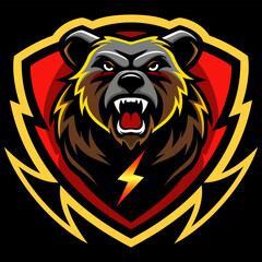 A grizzly bear logo and thunder icon on a shield, badge, mascot. use for decoration a basketball team logo, a football team, or a sports team, isolated on black background.