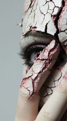 Obraz premium A close-up of a cracked face revealing an expressive eye, symbolizing vulnerability and beauty beneath the surface.