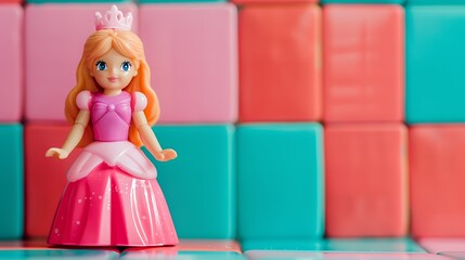 Fototapeta premium Toy princess on a pink and teal tiled background