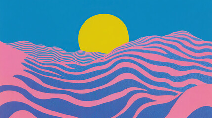 Abstract landscape with wavy lines and a yellow sun in a blue sky.