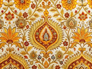 Vibrant saffron and yellow hues intertwine in an ornate, intricately patterned Indian-inspired textile, evoking warmth and optimism against a soft, creamy white background.