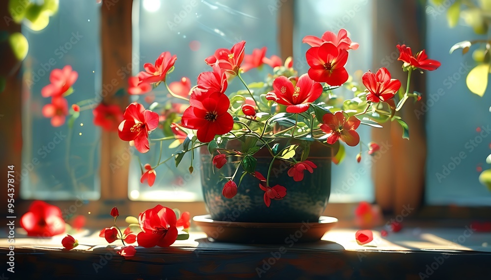 Sticker the sun shines through the window on the red flowers in the flowerpot, and the surrounding environme