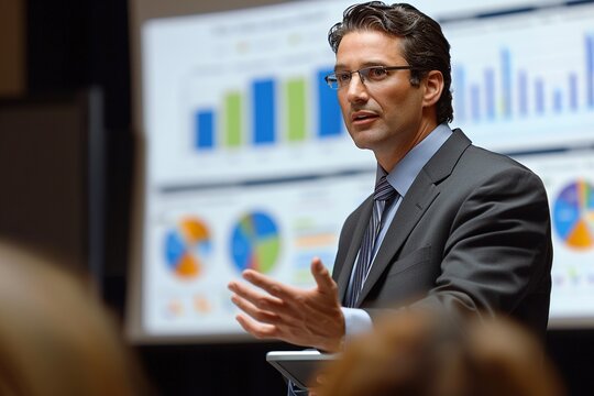 A man in a suit is giving a presentation in front of a large screen with graphs and charts