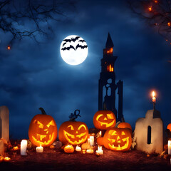 Halloween background with scary pumpkins candles in the graveyard at night with a castle background , illustration, vector, eps