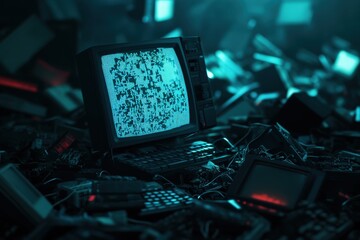 An abandoned computer and television set surrounded by electronic waste, showcasing the impact of technology on the environment.