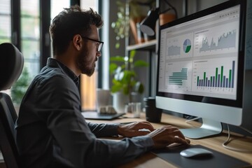 A man is sitting at a desk in front of a computer monitor, typing on a keyboard