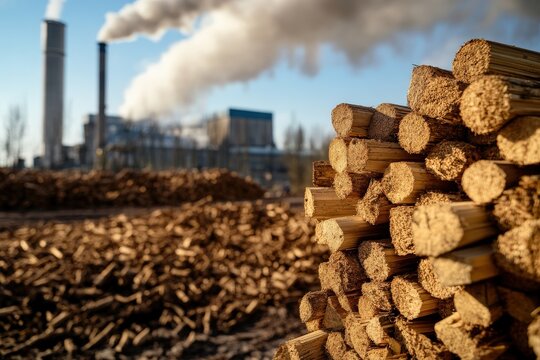 Stacked logs in front of a factory emitting smoke, depicting industrial operations and timber processing in a rural setting.