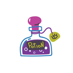 Bottle with potion. Alchemical liquid in glass. Magic drink