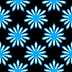 abstract pattern blue flowers on black background 