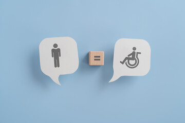 Symbol for equal rights of persons with disabilities. Man, disability person on real white speech...