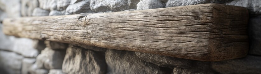 Rustic Stone Wall with Solid Grainy Wooden Beam, Farmhouse Style Interior Design Inspiration, Perfect for Creating a Cozy and Inviting Atmosphere in Your Home