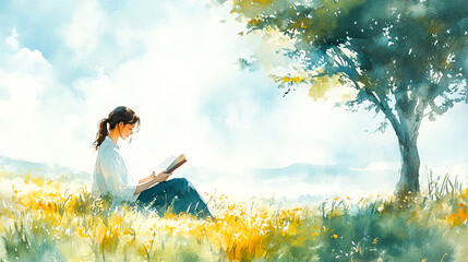 Tranquil Self-Education: Watercolor Painting of Woman Reading Under Tree in Serene Outdoor Setting