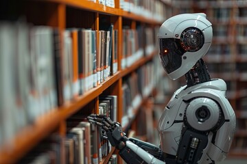 Fototapeta premium A robot is standing in a library, looking at a book