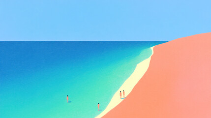 Naklejka premium Minimalist illustration of a beach scene with four figures standing on the shore and in the water.