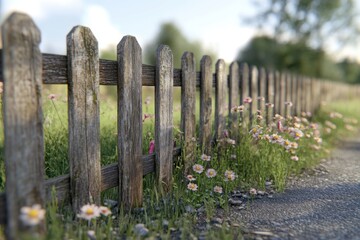 Rustic Wooden Fence with Solid Posts Enclosing a Garden, A Close-Up View of a Weathered Wooden Fence Surrounding a Lush Garden, Featuring a Soft Focus Background and Delicate Flowers Growing Along