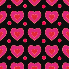  Beautiful seamless pattern with  small red hearts in the big pink heart on black background 