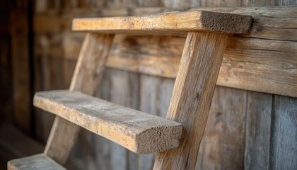 Rustic Wooden Ladder in a Barn, A Sturdy, Solid, and Grainy Stairway for Reaching High Places in a Historic Building