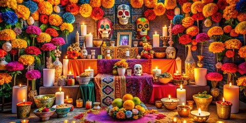 Naklejka premium Vibrant sugar skulls, marigolds, and candles adorn a colorful altar, surrounded by intricate papel picado, celebrating the beloved deceased on this festive Mexican holiday.