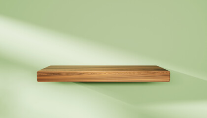 3d wooden shelf on green wall background with light and shadow render. Living room or kitchen interior product podium. Natural empty wood bookshelf mockup for goods display in library. 3D illustration