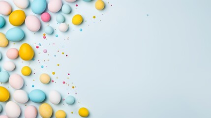 Top view of easter decor arrangement featuring white, yellow, blue, and pink easter eggs with sprinkles on a pastel blue background. Empty space for custom text or graphics, perfect for celebrating ea