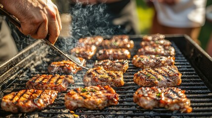 Naklejka premium Close-up of barbecued steaks being grilled outdoors, with a hand using tongs, emitting smoke, suggesting a summer party ambiance.