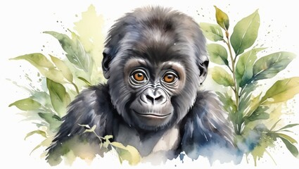 Watercolor Portrait of a Cute  Gorilla Baby between Greenery.   Endangered species. African Animals.
