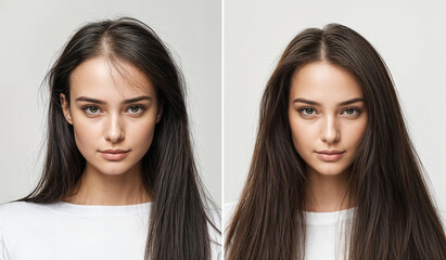 Non invasive hair treatment showcasing the enhancement of hair texture, from fine and flat to fuller, healthier hair. For promoting hairdresser service, beauty treatment and hair care product.