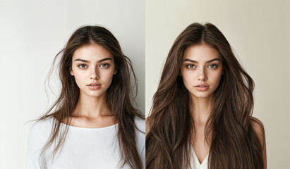 Non invasive hair treatment showcasing the enhancement of hair texture, from fine and flat to fuller, healthier hair. For promoting hairdresser service, beauty treatment and hair care product.