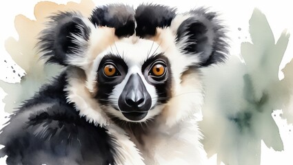 Naklejka premium Close- up Watercolor Illustration of a Cute Black-and-White Ruffed Lemur. Endangered species. Tropical fauna. Animal of Madagascar .