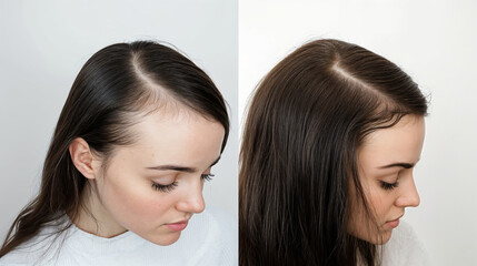 Before and after female hair restoration showcase effective hair loss treatment with increased hair density and improved scalp appearance. Comparison of hair thickness before and after hair transplant