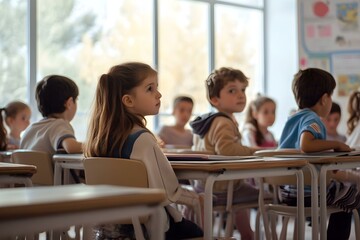 Obraz premium school children sitting at desks in a classroom