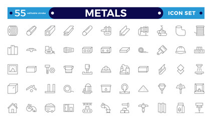 Metals icons set. Outline set of metallurgy vector icons for ui design. Steel products, thin line icon set. Outline icon collection. Editable stroke outline icon. 