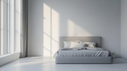 Fototapeta premium Chic minimalist bedroom, grey bed frame, light grey backdrop, white walls, photorealistic
