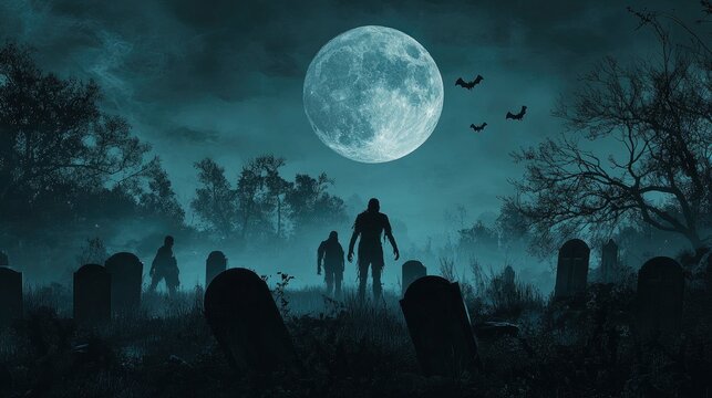 Halloween scary zombie horror graveyard background. Dead apocalypse monsters walking at spooky night.