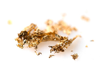 Scrapes of gold , dispersed on white paper background