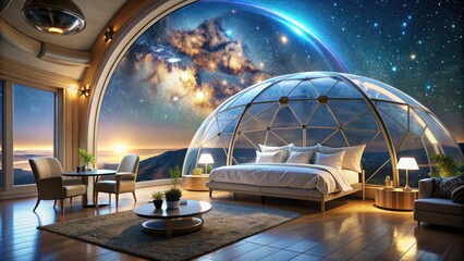 Fototapeta premium Luxurious space hotel with dome providing a breathtaking view of the stars , luxury, space, hotel, dome