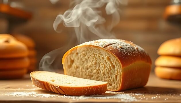 Freshly Baked Bread with Steam and Flour Dust on Wooden Table