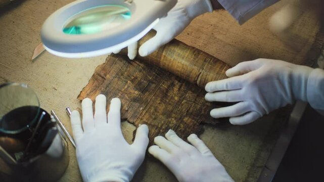 Close up of two archaeologists in gloves carefully opening ancient Egyptian papyrus on table in archaeological lab. Scientists work with cultural heritage of extinct human civilization. Archaeology.