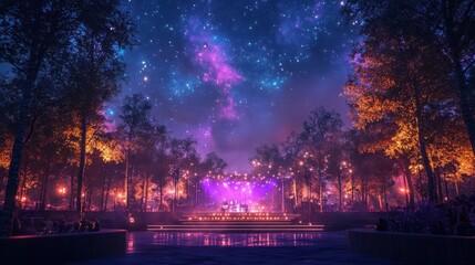 Fototapeta premium Nighttime outdoor concert stage featuring a starry sky backdrop and colorful stage lighting, evoking a magical and immersive festival experience