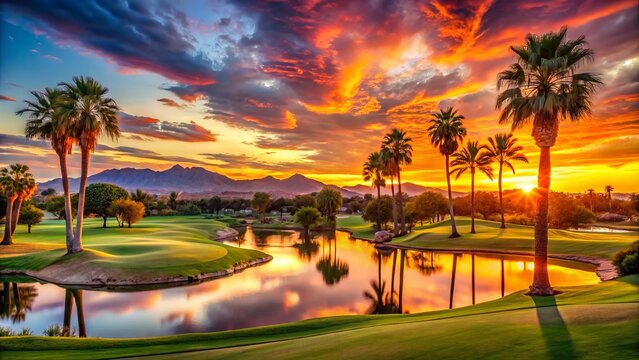 Vibrant sunset casts a warm glow over majestic palm trees and picturesque golf course landscape in Scottsdale, Arizona,