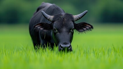 A serene black cow grazing in lush green rice fields, showcasing the beauty of rural farming life and nature.