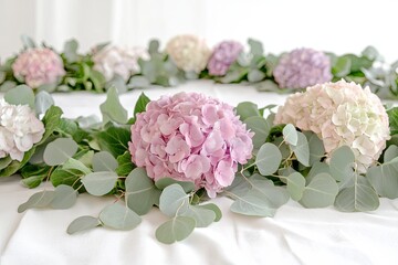 A circle of pink, white, and purple hydrangeas with eucalyptus leaves on a white tablecloth.