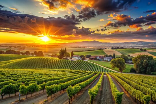 Vibrant sunset casts a warm glow over the rolling hills and lush vineyards of Turlock, California, a charming