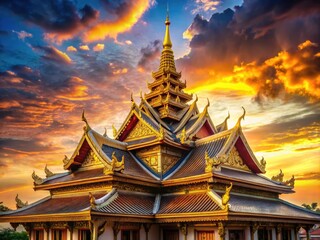 Fototapeta premium Vibrant sunset illuminates the intricate golden roofing of a majestic ancient temple, set against a soft blue sky with wispy white clouds.
