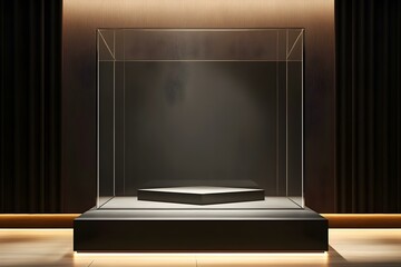 display case tempered glass, stage platform, minimalist background