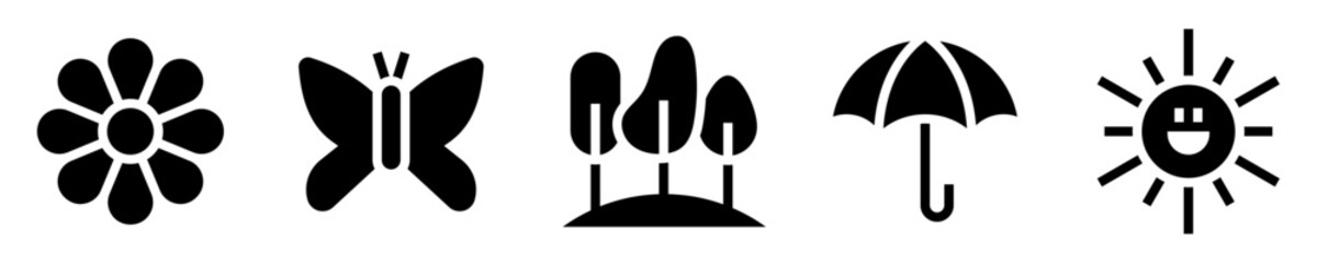 Spring icons set. Season and rebirth. Flower, butterfly, trees, umbrella, sun. Solid icons. Vector illustration